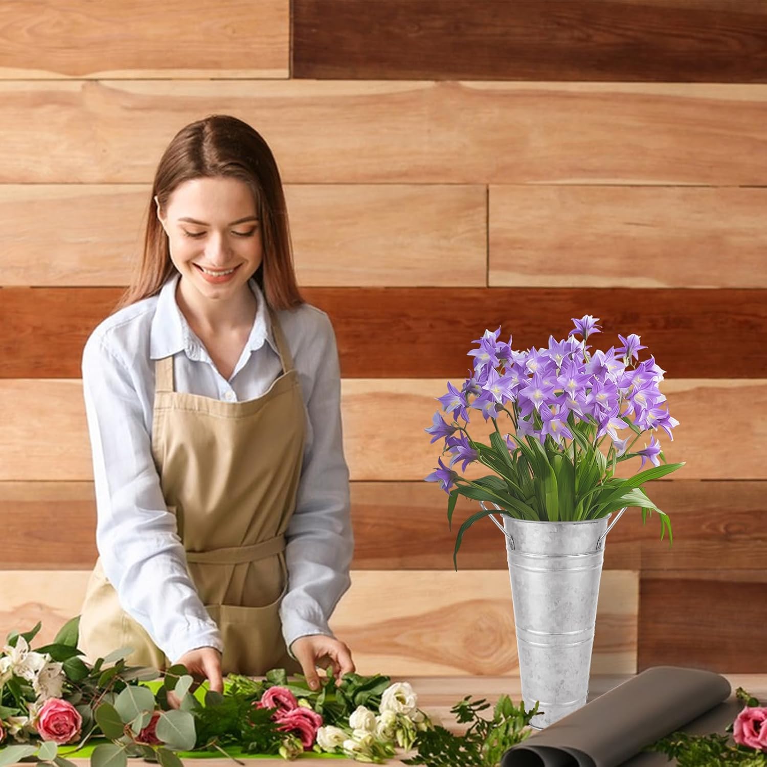 CertBuy 6 Pack 9 Inch Galvanized Flower Bar Buckets, Flower Buckets for Flower Bar, Metal Flower Bucket Decoration and Metal Vase with Handles for Wedding, Balcony Garden, Home Decor