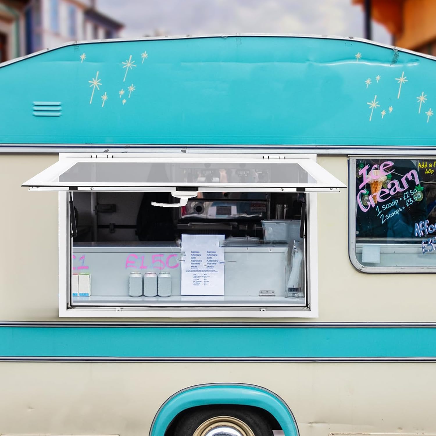 Concession Window 45"x33", Aluminum Alloy Food Truck Service Window with Drag Hook, Up to 80 Degrees Stand Serving Window for Food Trucks Concession Trailers, Glass Not Included
