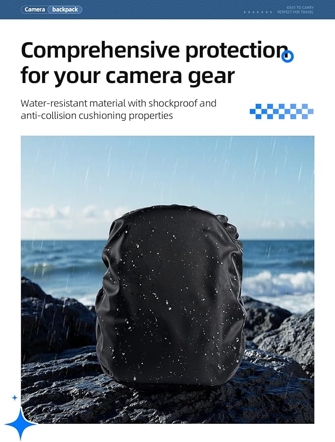 Mochila para cámara 20L llano, resistente al agua, con compartimento para laptop y trípode miniatura 6