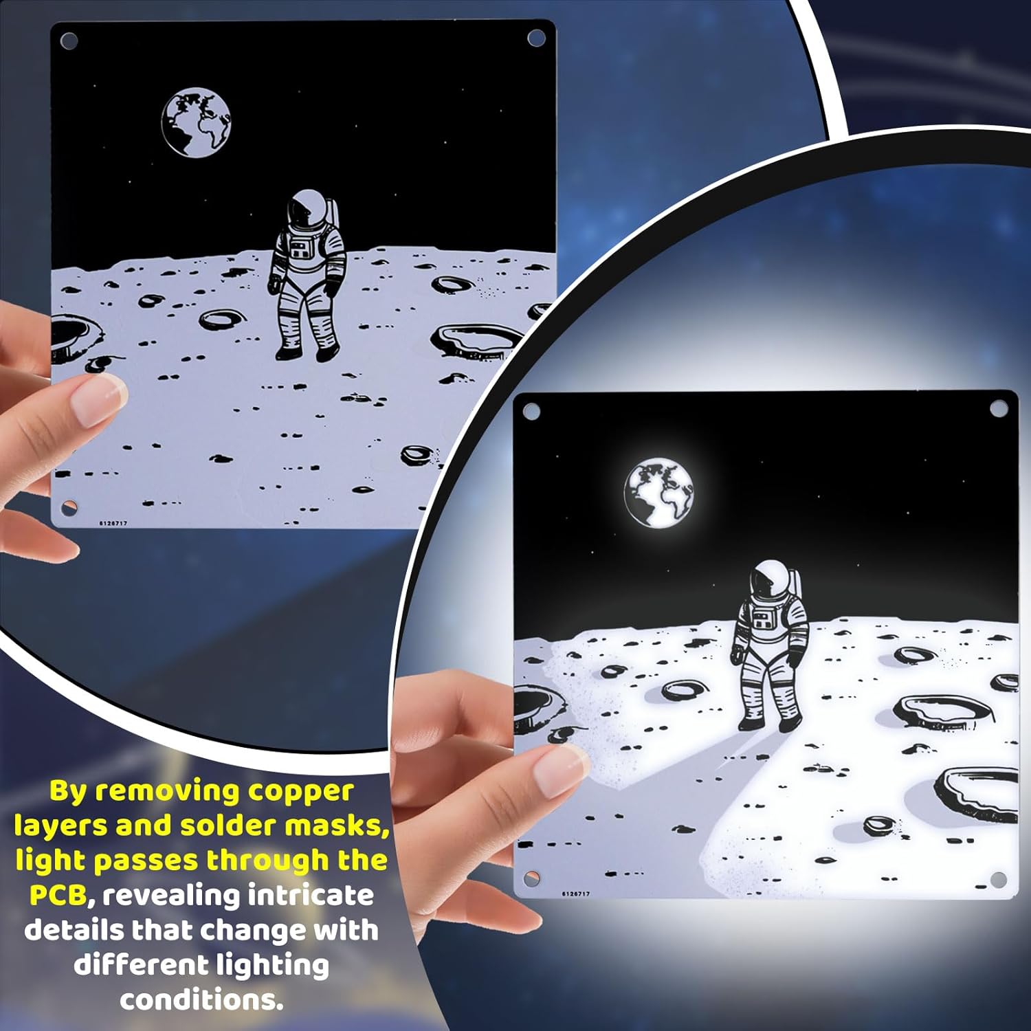 Two images showing the light painting lamp displaying different patterns in a bedroom setting