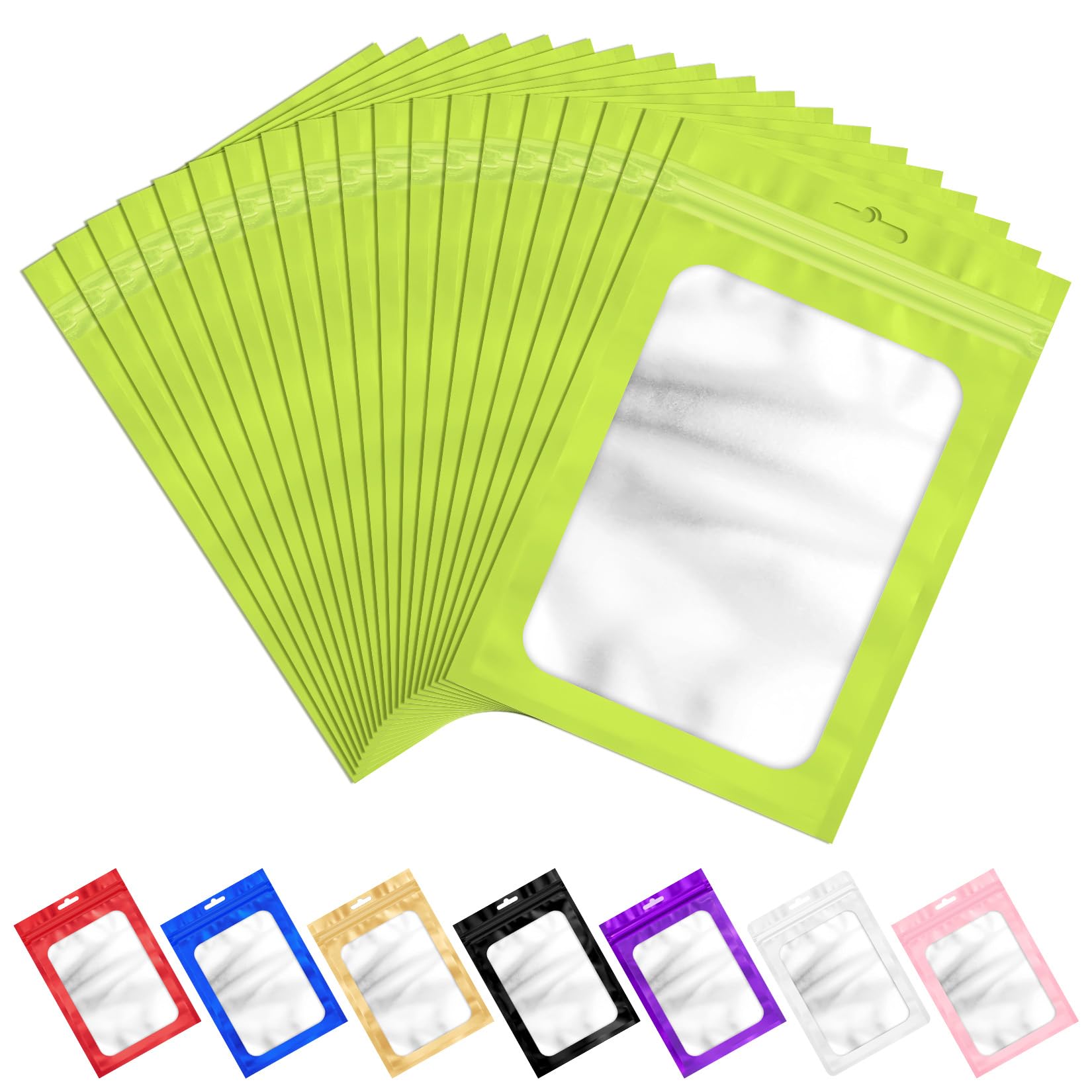 Photo 1 of 100 PCS Resealable Mylar Bags with Frosted Clear Window Bags Packaging Bag Foil Pouch Zipper Bag for Food Self Sealing Storage Supplies (7.08x10.24, Green)