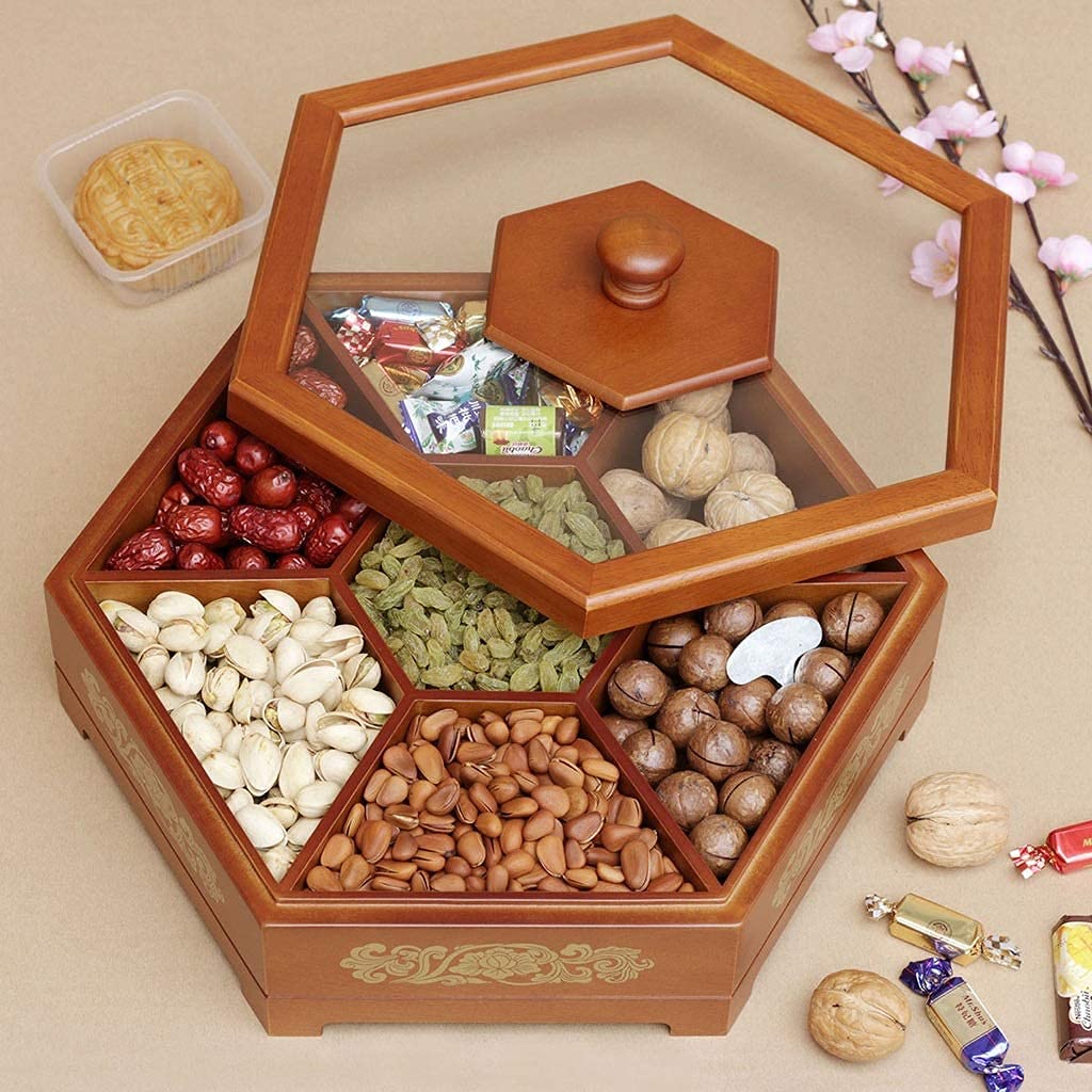 Caja de frutas secas Contenedor de almacenamiento de dulces de nueces Bandeja de frutas Sala de estar creativa de madera Caja de dulces for el hogar Caja de frutas secas Rejilla dividida con tapa Mesa