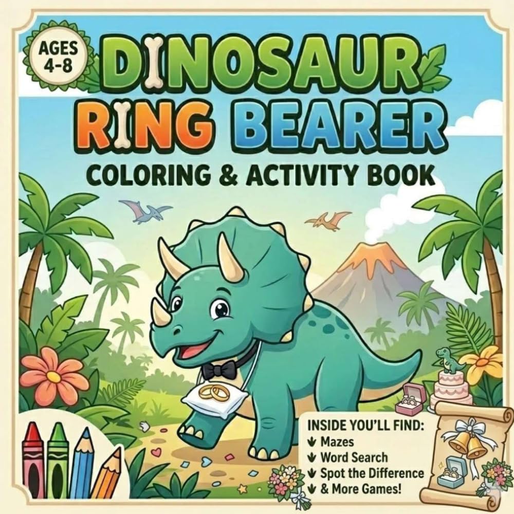 Dinosaur Ring Bearer Coloring & Activity Book: Fun Wedding Activities, Mazes, Coloring Pages & Games for Little Boys Ages 4–8 (Fun Ring Bearer Activity Book for Kids)