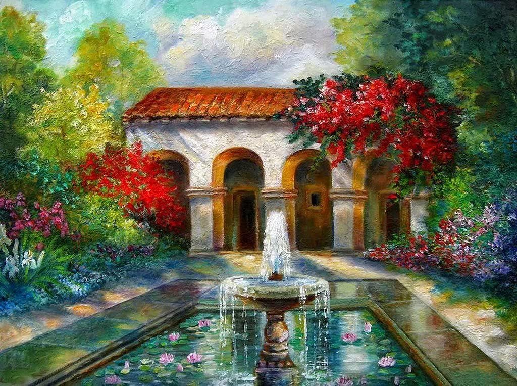 Amazon インテリア絵画 アート 中庭の花の噴水 壁掛け アート デジタル アート プリント 壁アート 装飾 壁絵 おしゃれ プレゼント 30x40cm フレームレス ぬりえ おもちゃ