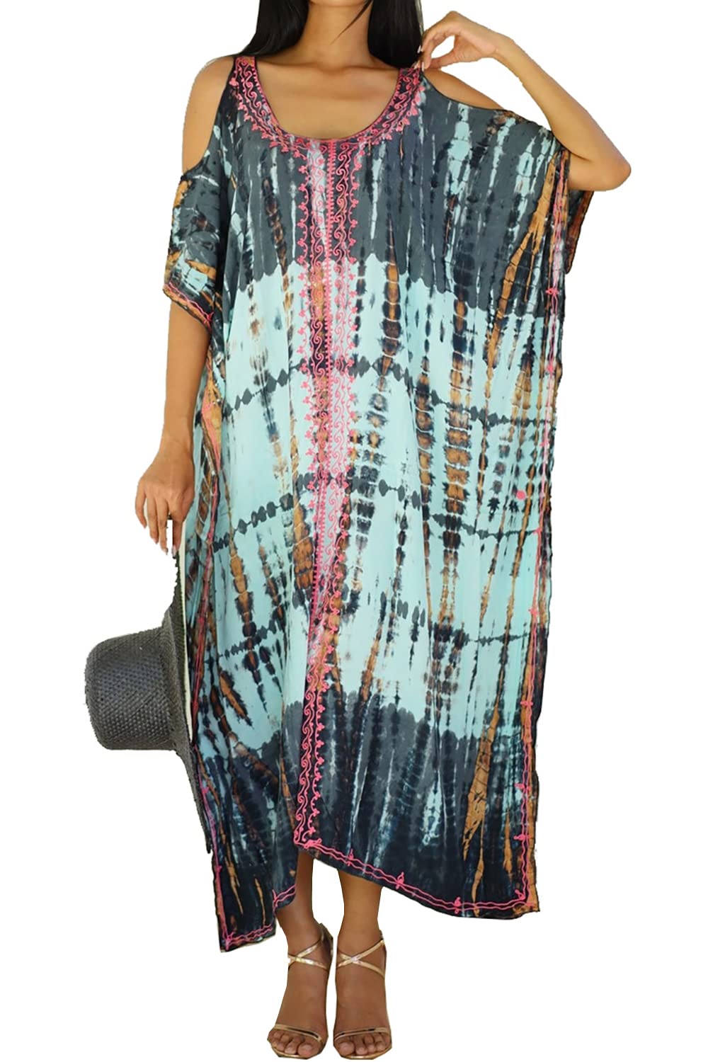 LikeJumpWomen's Cotton Print Kaftan Swimsuit Kimono Cover Up Loose Beach Robe Maxi Dress