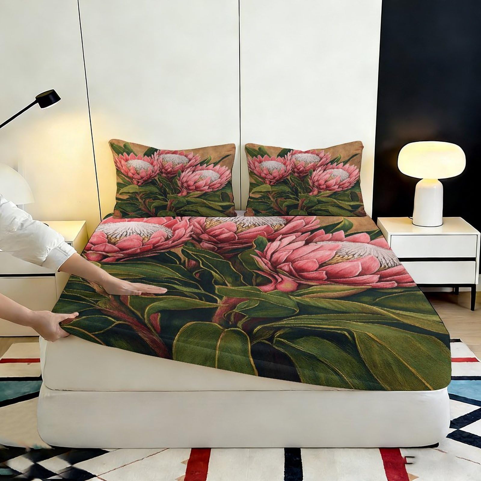 Lenzuolo con angoli con stampa floreale 3D, in microfibra, antiscivolo | durevole, coprimaterasso, facile da pulire, traspirante, lavabile, 180 x 200 x 25 cm