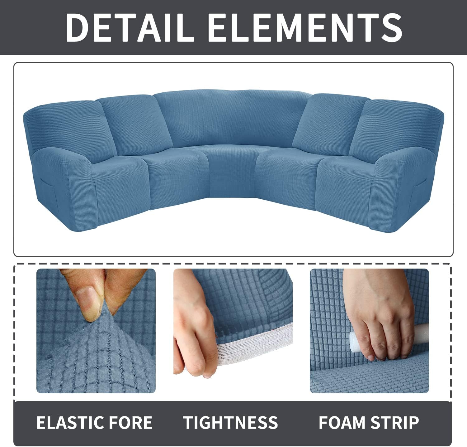 OKYUK Recliner Corner Sofa Cover, 5 Seats Jacquard Stretch Corner Sofa Covers for Reclining L Shape Sofa Slipcovers Thick, Soft, Washable Durable Furniture Protector (Jacquard-Grey Blue)