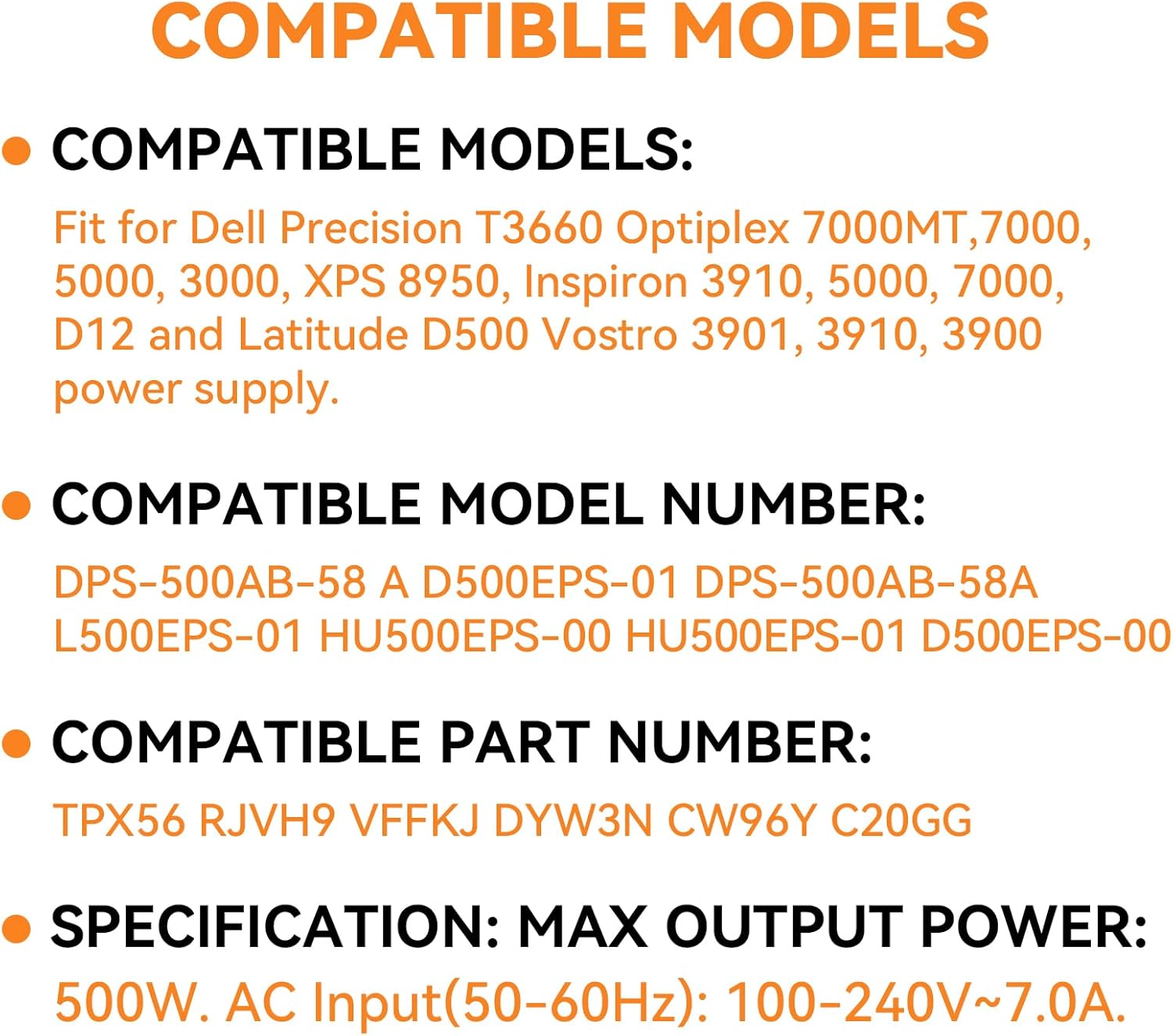 Power Supply 500W Compatible with DELL XPS 8950 Vostro 3901 3910 Inspiron 3910 D12 Latitude D500 Optiplex 7000MT 7000 Precision T3660 L500EPS-01 VFFKJ DYW3N DPS-500AB-58A D500EPS-01 HU500EPS-00