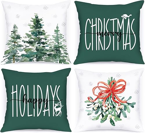 Lanpn Juego de 4 fundas de almohada navideñas de 18 x 18 pulgadas, diseño de bosque invernal para exteriores, fundas de cojín decorativas de 18 x 18