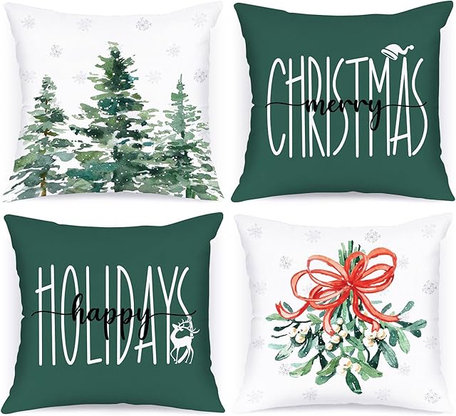 Lanpn 45x45 Christmas Throw Pillow Covers Set of 4, Winter Forest Outside Outdoor Decorative Holiday Pillow Case Cushion Cover 45 x 45 for Indoor Home Bedroom Sofa Couch Xmas Decor Green