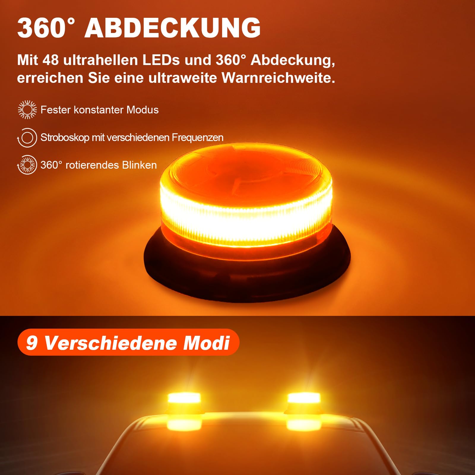 AnTom 2 Stück Rundumleuchte LED - 9 Blitzmuster, Gelbe LED Warnleuchte mit Magnet, Autoladekabel und USB-Kabel für Lkw, Traktor, SUV, Golfwagen, Notfallfahrzeuge und Baustellen [Energieklasse A+++]