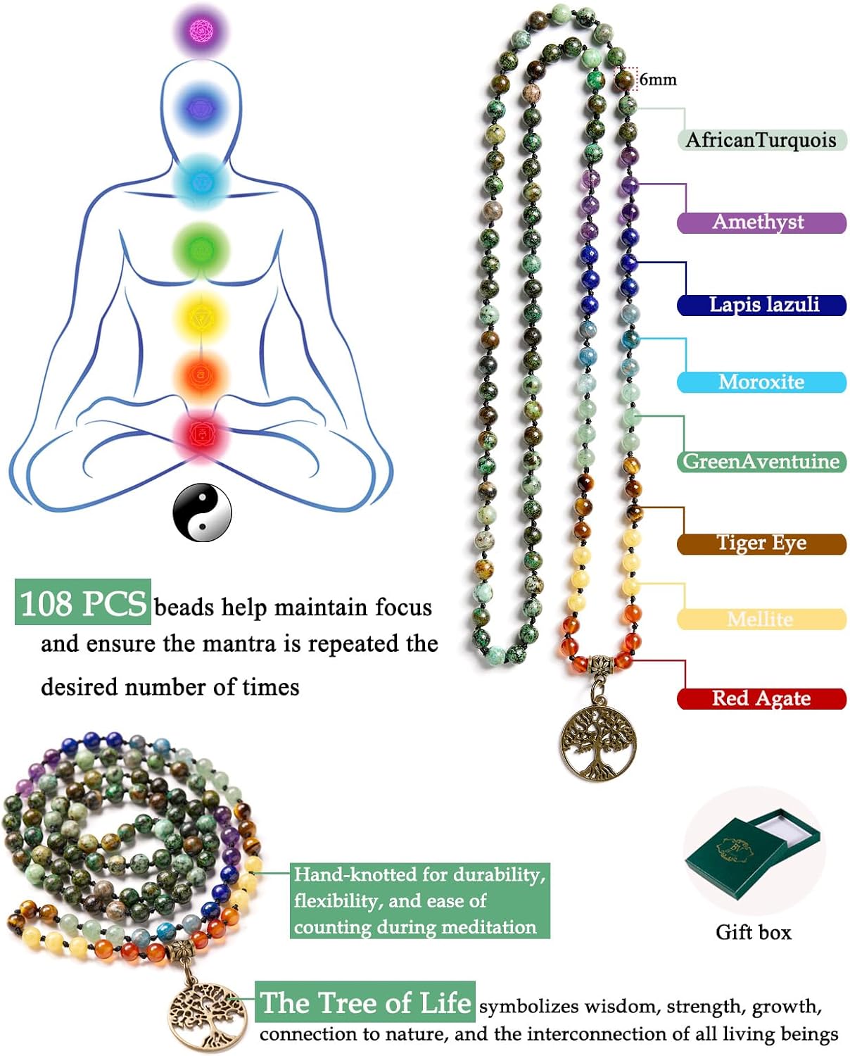 Bivei 7 Chakra 108 Mala Beads Bracelet Real Gemstone Yoga Meditation Hand Knotted Mala Prayer Bead Necklace - Image 5