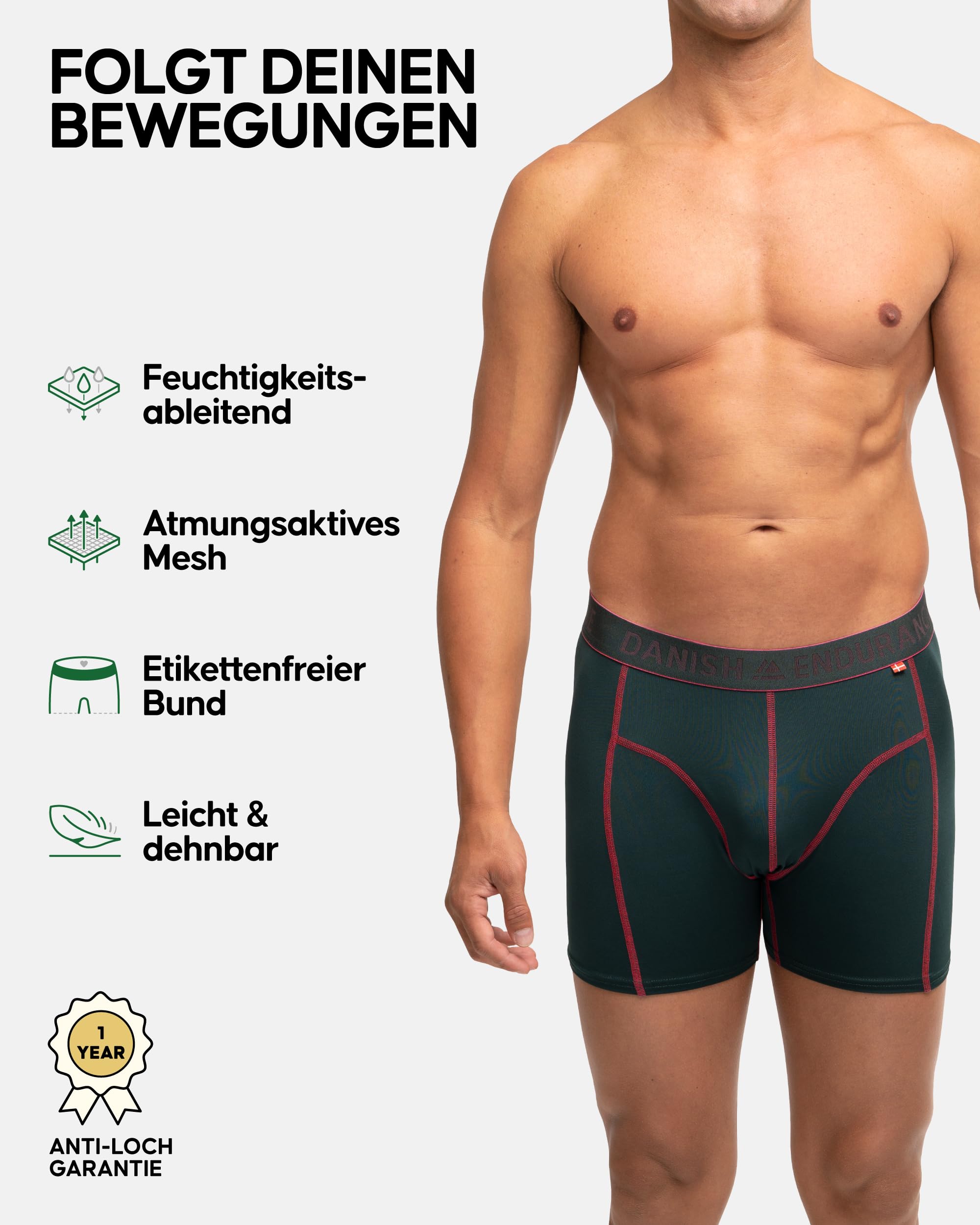 DANISH ENDURANCE 6er Pack Sport Boxershorts Herren, Funktionsunterwäsche, Sportunterwäsche Herren, Elastisch, Geruchsneutral & Atmungsaktiv, Mit regulärem oder langem Bein