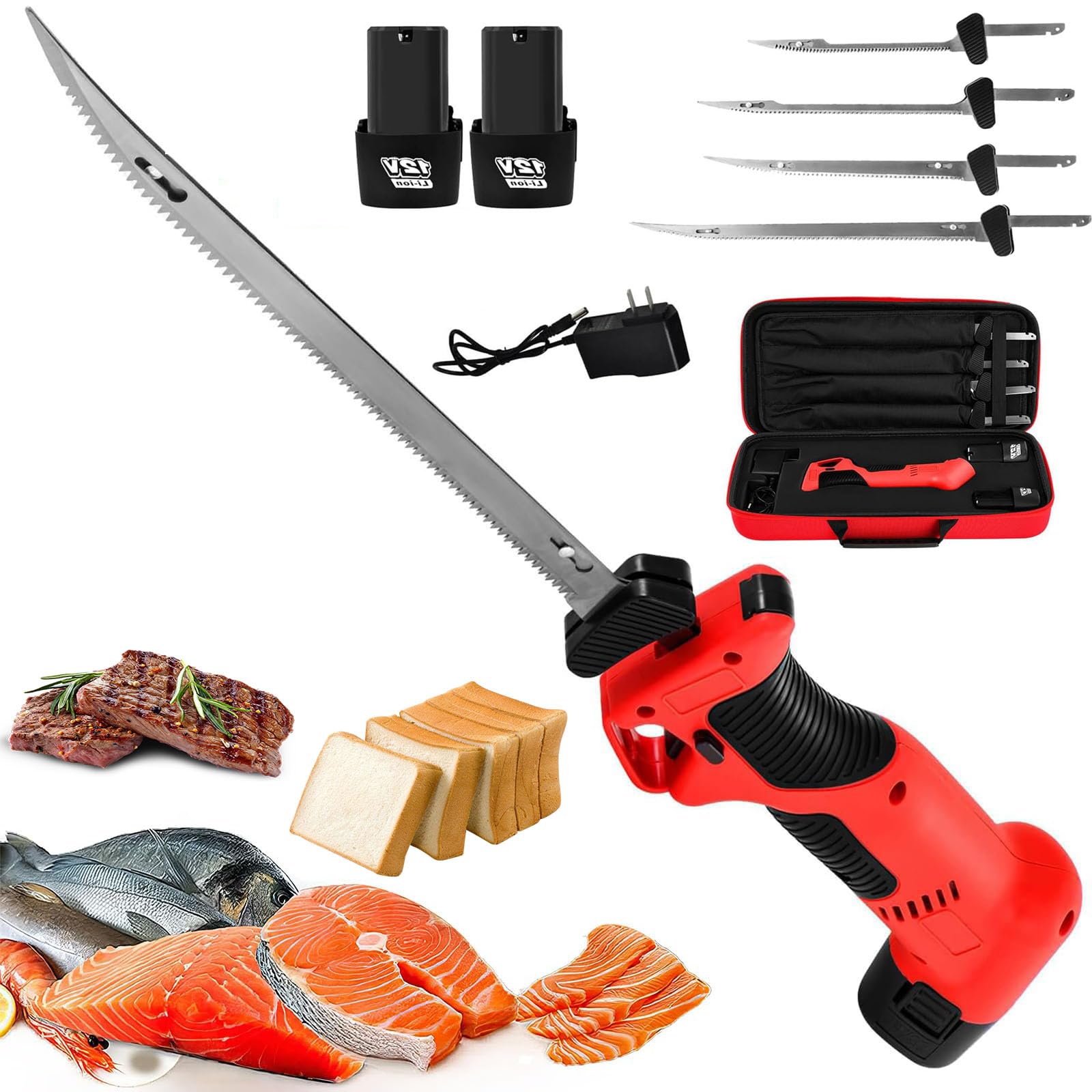 Cuchillo de filete eléctrico, Cuchillo alimentado por batería, Cuchillas alternativas de 12 V Cuchillo de pan serrado con mango antideslizante con 4 cuchillas y 2 baterías para el hogar,picnic
