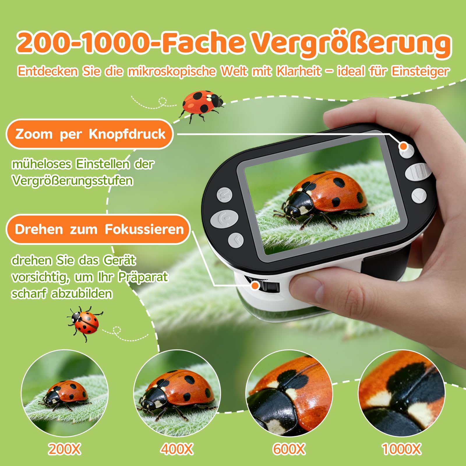 Digitales Mikroskop für Kinder mit 16GB Speicherkarte, 1000X Kinder Mikroskop mit 1080P HD 2,0" IPS‑Bildschirm, LED-Licht & USB, Kindermikroskop zum Lernen, Entdecken & Naturbeobachten, ab 6 Jahre