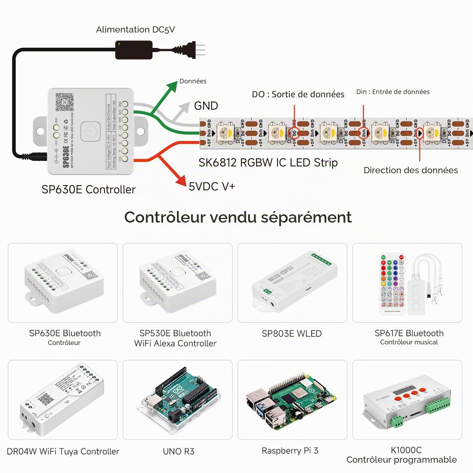 BTF-LIGHTING SK6812RGBW(WS2812B RGBW) RGB+Blanc naturel 4 couleurs dans 1 LED individuellement adressable 5m 60LED/pixels/m Flexible Dream Color Bande LED IP30 Non-étanche DC5V noir PCB