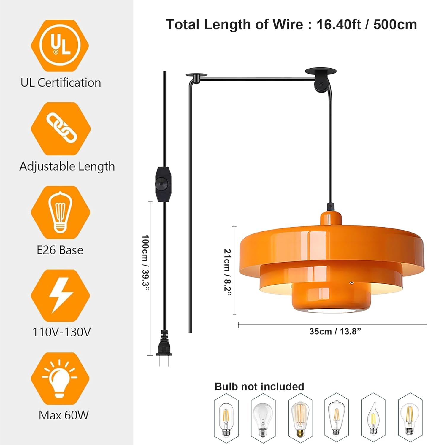 FCTWAKS Plug in Pendant Light, Mid Century Orange Hanging Lights with Plug in Cord, 3-Layer Metal Shade, Adjustable Pulley, Dimmable, Vintage Hanging Lamp for Bedroom, Kitchen Island, Dining Room