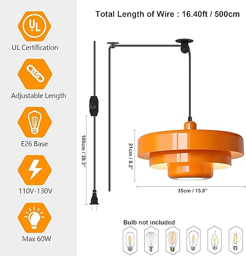 Miniatura 3 de Lámpara colgante enchufable, luces colgantes naranjas de mediados de siglo con cable enchufable, pantalla de metal de 3 capas, polea ajustable,