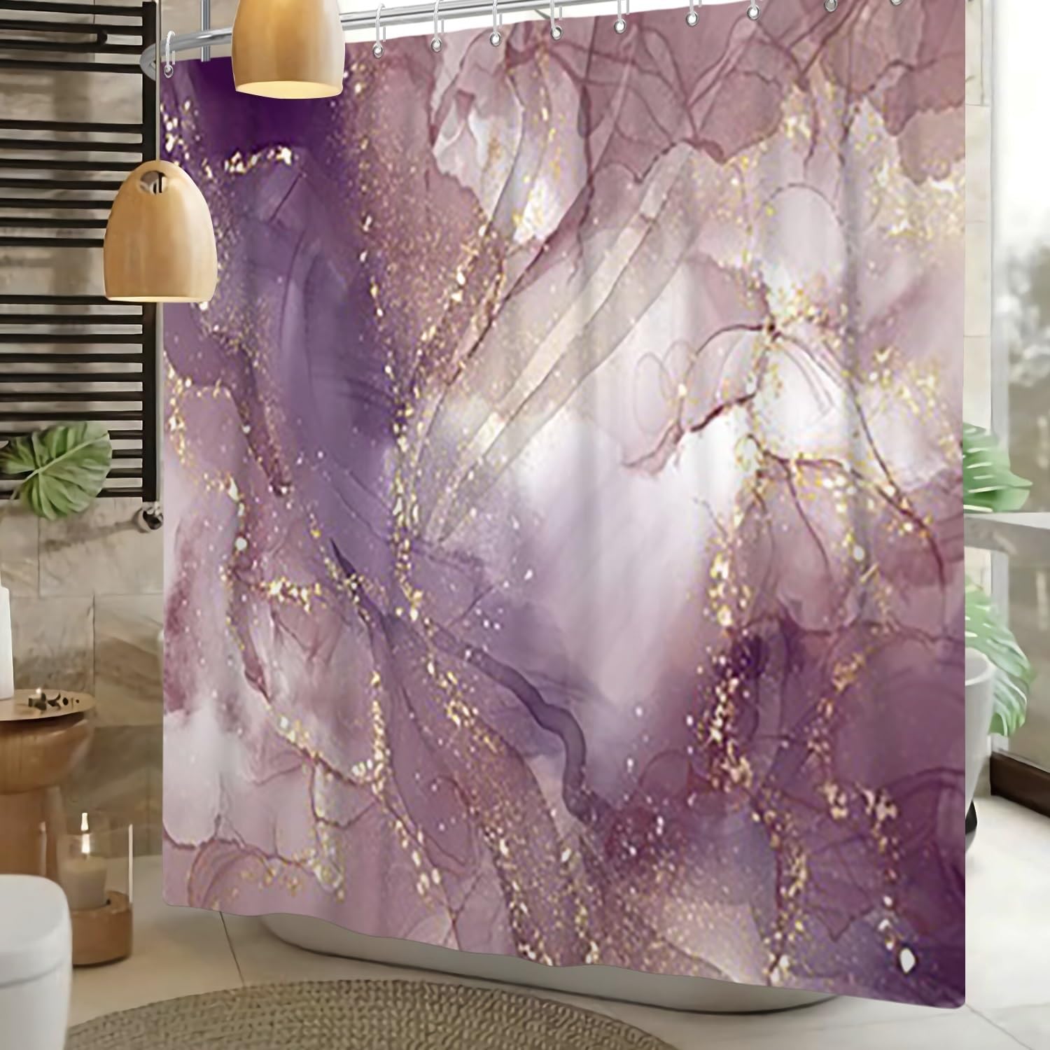 Xiaoterna Marble Shower Curtain Purple Gold Splatter Textile Bathroom Curtain Mixed Purple White Gold Splatter Colourful Marble Shower Curtain Machine Washable Waterproof Fabric 180x180cm - Image 2