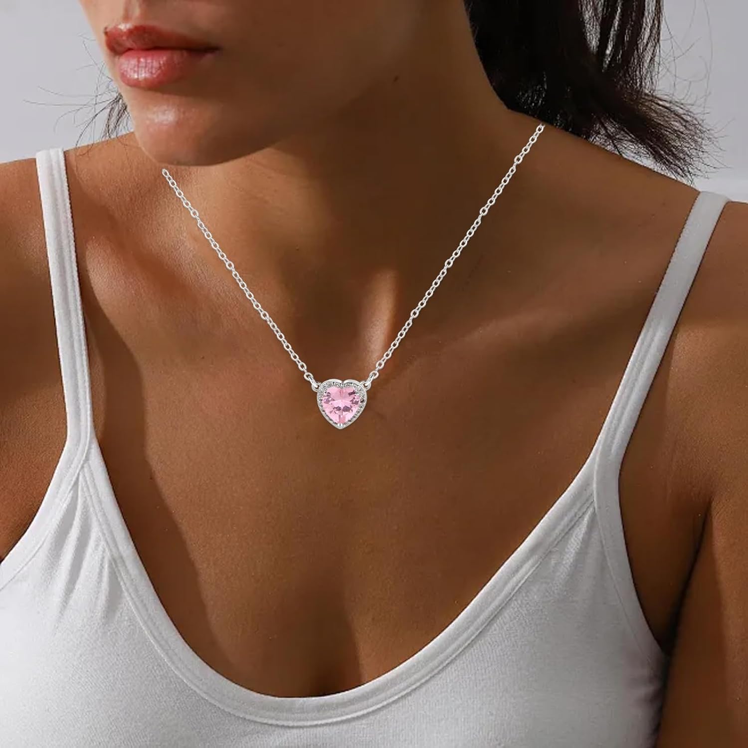 925 Silver Plated Dainty Birthstone Necklace for Women, 5A Heart Cubic Zirconia Pendant, Birthday Anniversary Valentine's Gifts for Her, 18-20 Inches - Image 2