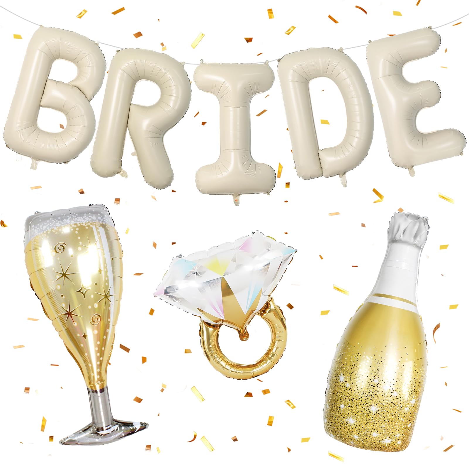 40inch Bride Balloons Beige Letters Banner, Sand White Bachelorette Party Decorations Set with Diamond Ring Champagne Bottle Balloon Glass Foil Balloon for Nude White Bachelorette Engagement Wedding