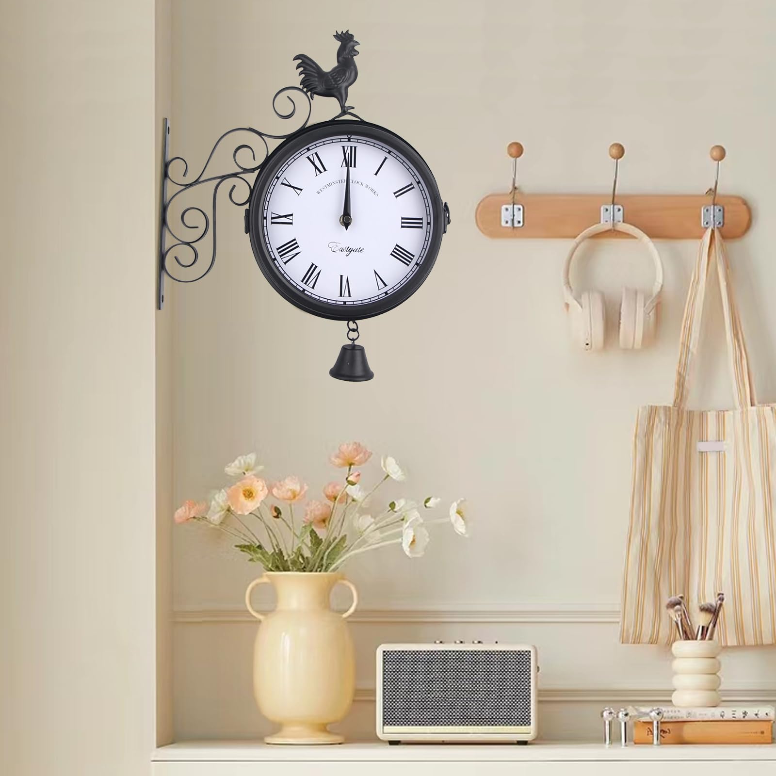 Horloge murale vintage à quartz en métal noir double face grande taille