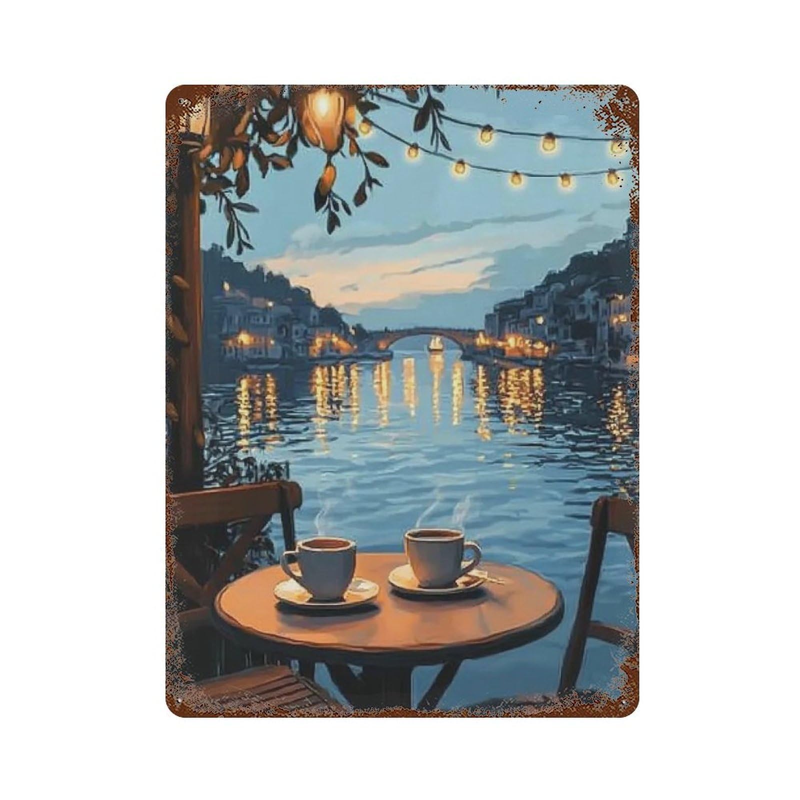 YHGERTKU Dusk Reflection Cafe Landscape 03 Wall Art Retro Iron Vintage Metal Tin Sign Poster Modern Decor for Living Rooms Gift 40x30cm