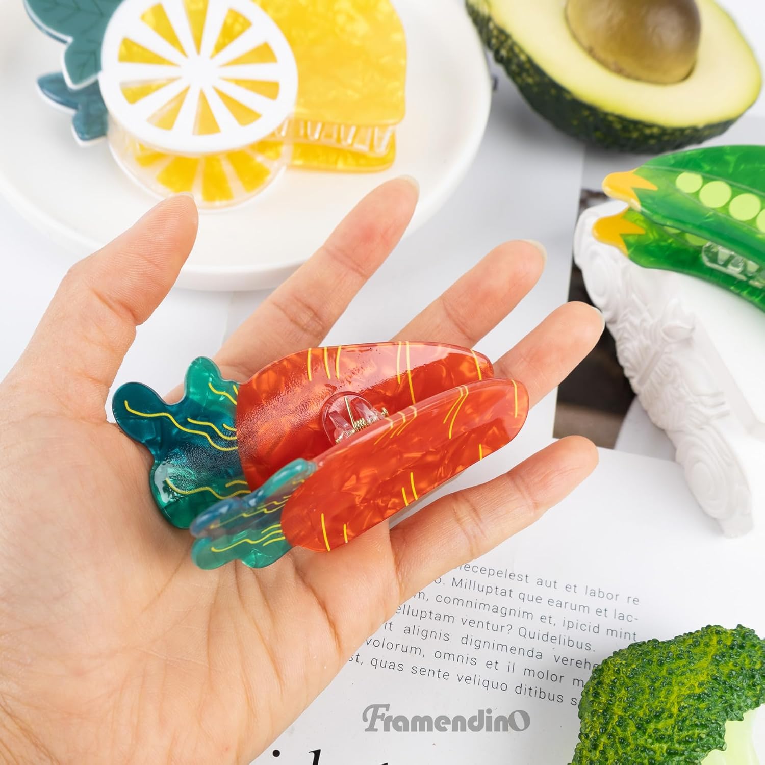Framendino, 3 Pack Vegetable Shaped Hair Clips Carrot Lemon Pea Design Spring Barrettes - Image 3