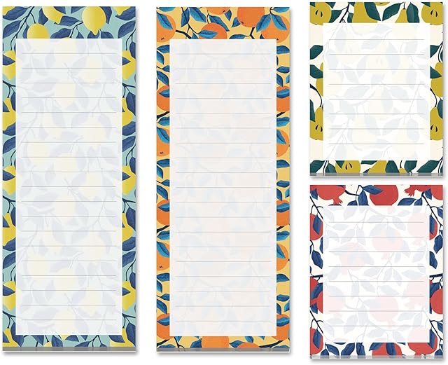 Magnetic Notepads for Refrigerator, 4-Pack Grocery List Magnet Pad for Fridge, to-Do List, Reminders, Scratch Pads, Fruit Designs, 60 Sheets Per Pad