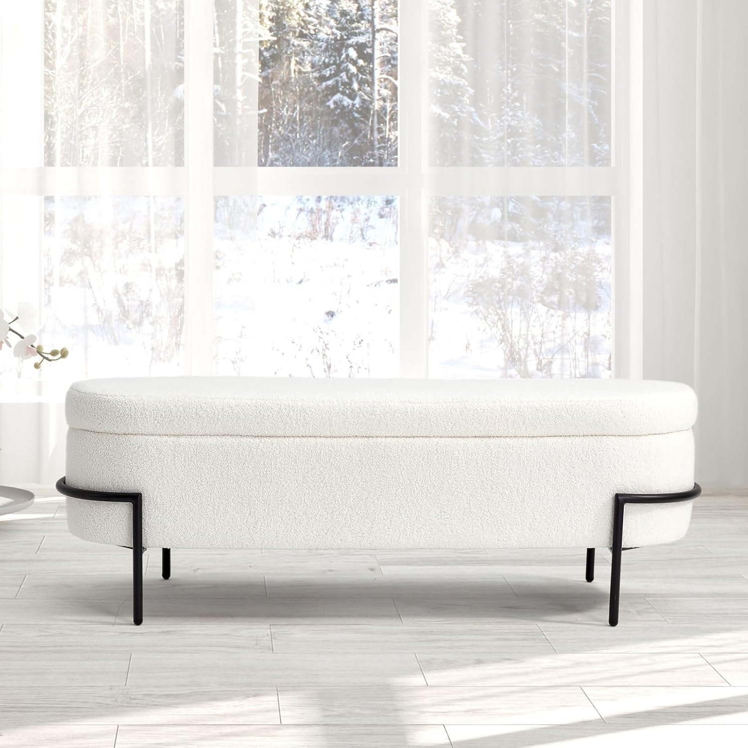 FiveWillowise Sherpa Storage Ottoman Bench for Bedroom, White End of Bed Bench with Storage, Upholstered Boucle Storage Bench with Metal Stand and Hinges, Oval Ottoman for Living Room, 52 Inch