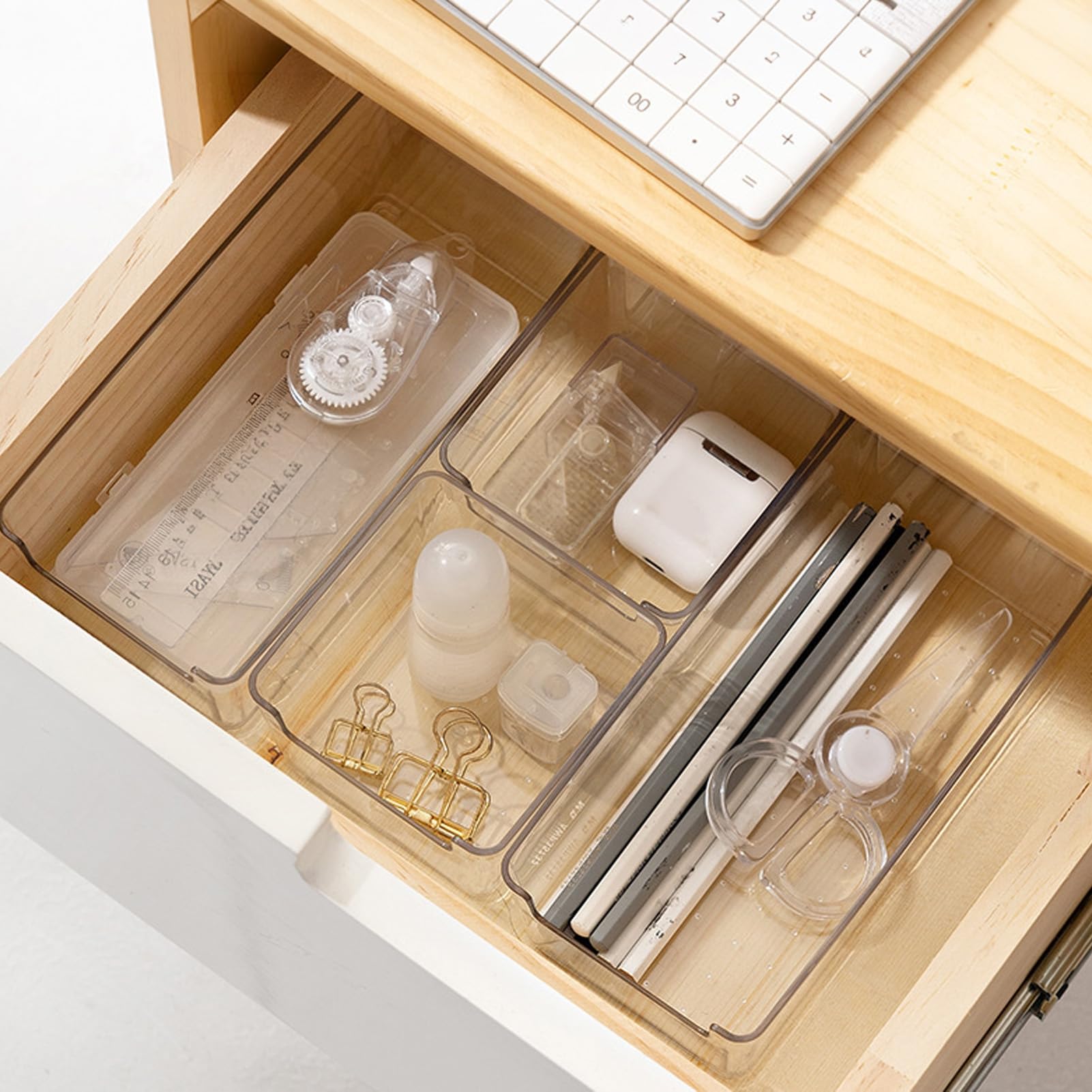 Set di scatole portaoggetti da scrivania, organizer trasparente per cassetti, contenitori impilabili antiscivolo, set di organizer per trucchi, bagno, cucina e ufficio