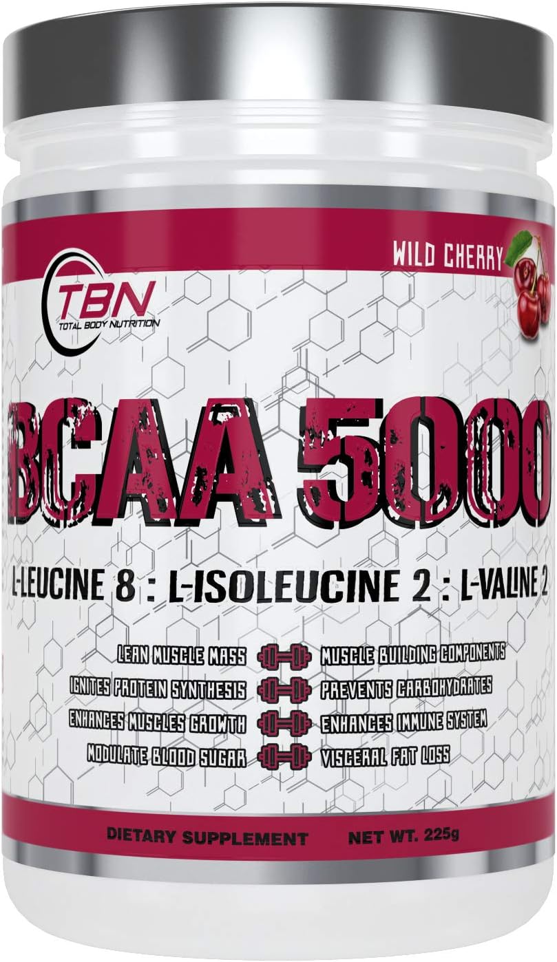 TBN Labs Total BCAA 5000 Bioactive 8:2:2 Ratio Enriched BCAA Voted by NPC Bodybuilders L-Leucine 8 L-Isoleucine 2 L-Valine 2 (Wild Cherry)