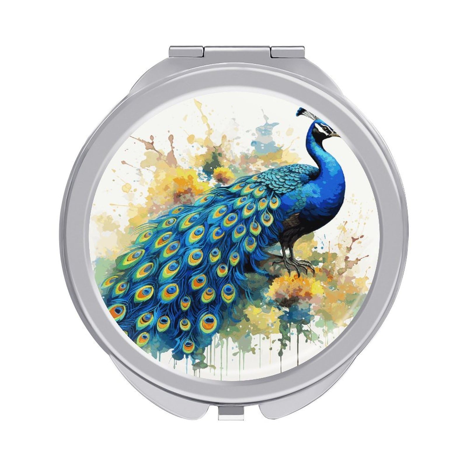 JTREHY Peacock Watercolor Painting Makeup Mirror Silver Mirror Surface Folding Makeups Mirrors Lightweight Durable Looking Glass for Suitable Traveling Handbag and Purses