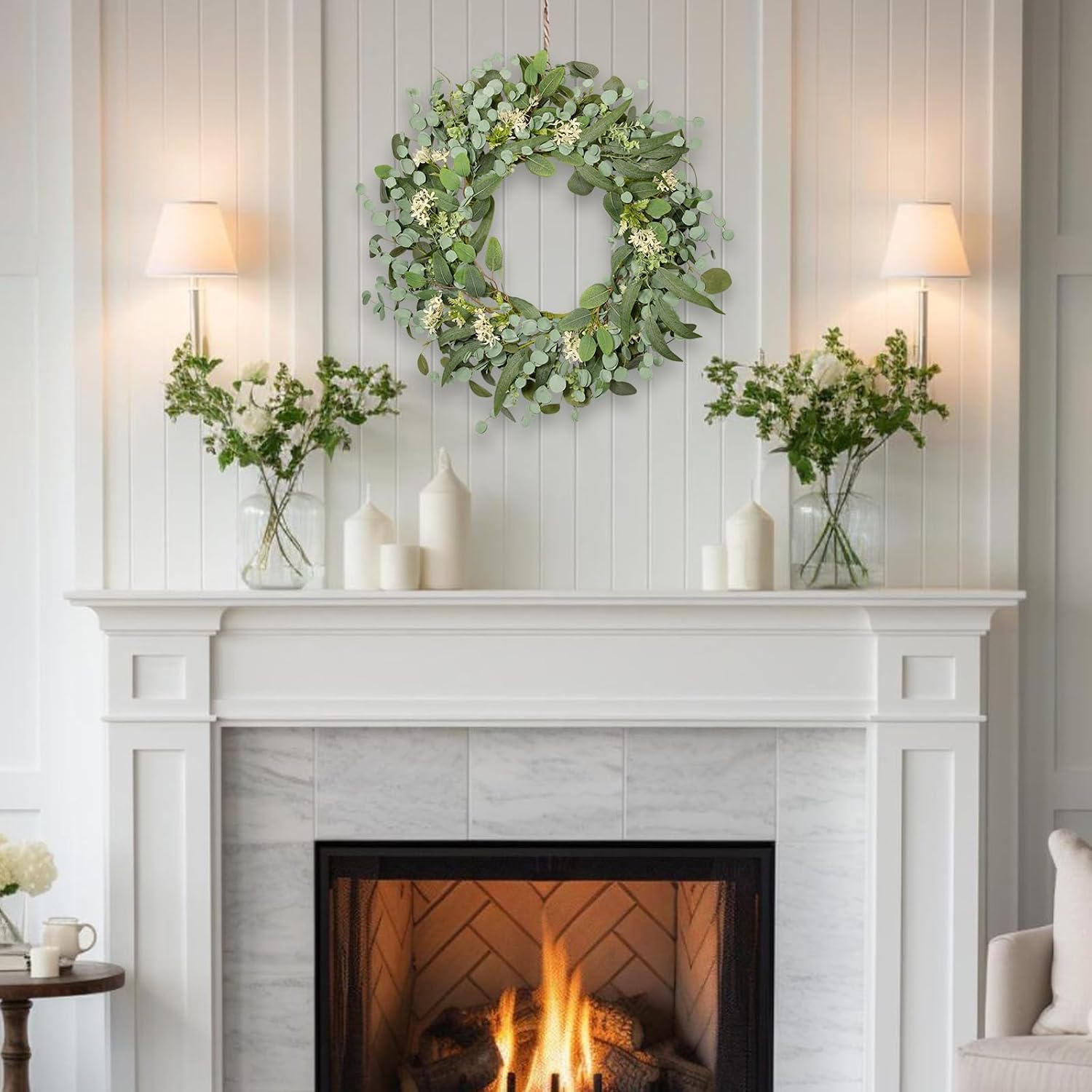 24 Inch Green Eucalyptus Boxwood Wreaths for Front Door- Spring Summer Wreath with White Flowers,Eucalyptus, All Seasons Evergreen Decor for Indooor Outdoor Farmhouse