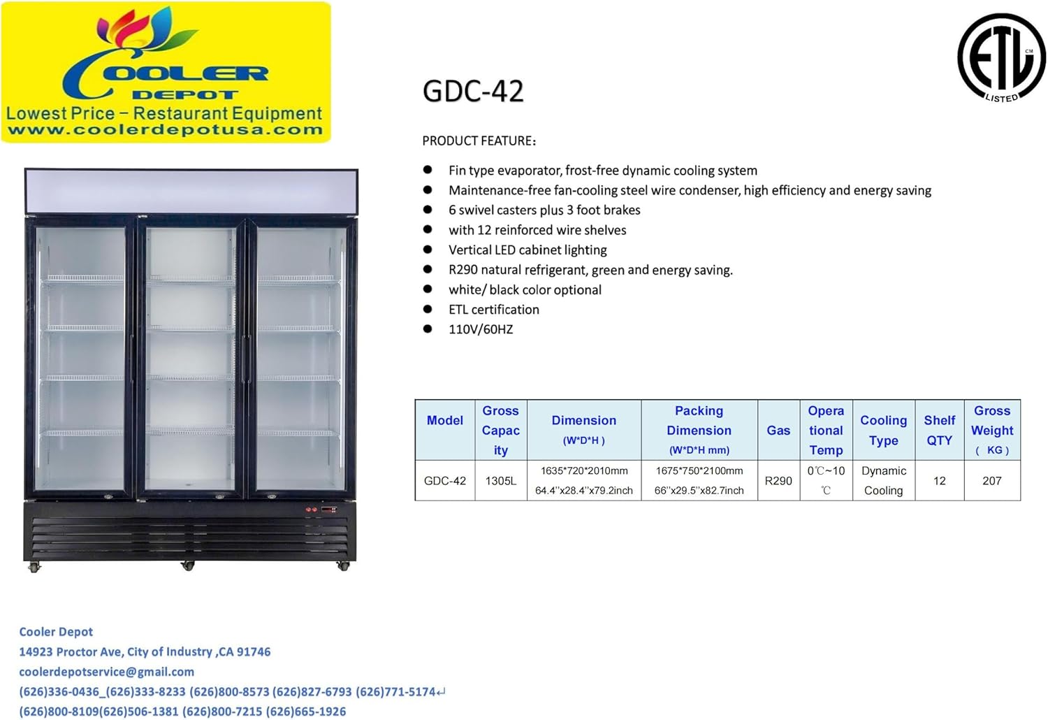 Commercial Refrigerator Glass 3-door Swing NSF Merchandiser Beverage Display Cooler Beverage Drink Cooler, ETL,NSF certified, Upright, Capacity 1305 Liter, 64" Width 110V GDC-42
