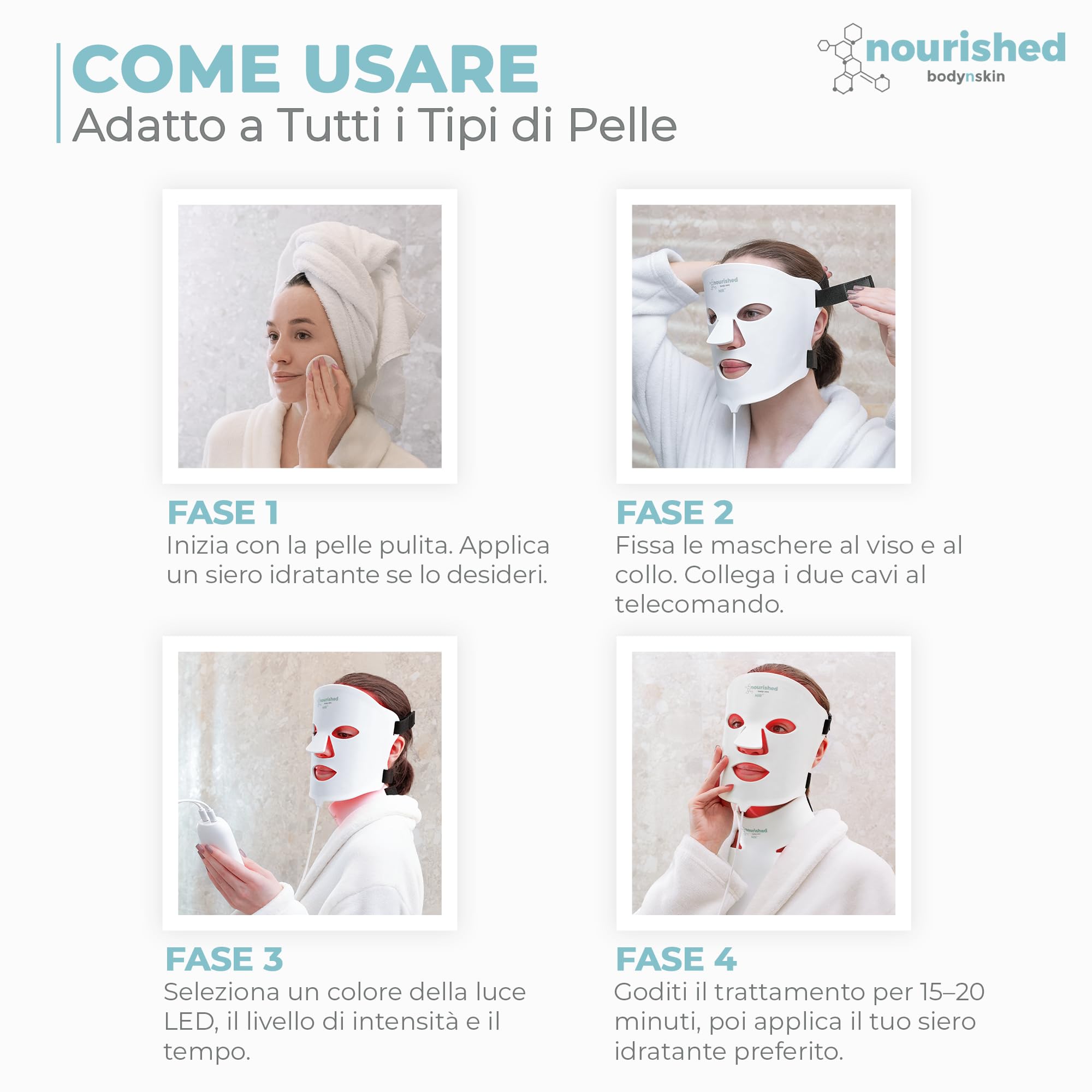Nourished Bodynskin Maschera LED a 7 Colori per Viso e Collo con Infrarossi Vicini - Terapia della Luce Blu, Rossa per il Viso - 912 LED - Strumento per la Cura della Pelle Anti-Età