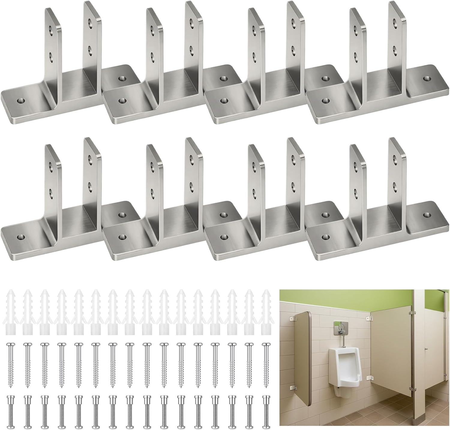 Blulu 8 Pack Urinal Screen Brackets Polished Chrome 2-Ear Urinal Partition for 1 in. Panels with Fasteners Restroom Partition Hardware for New installations or Repairs