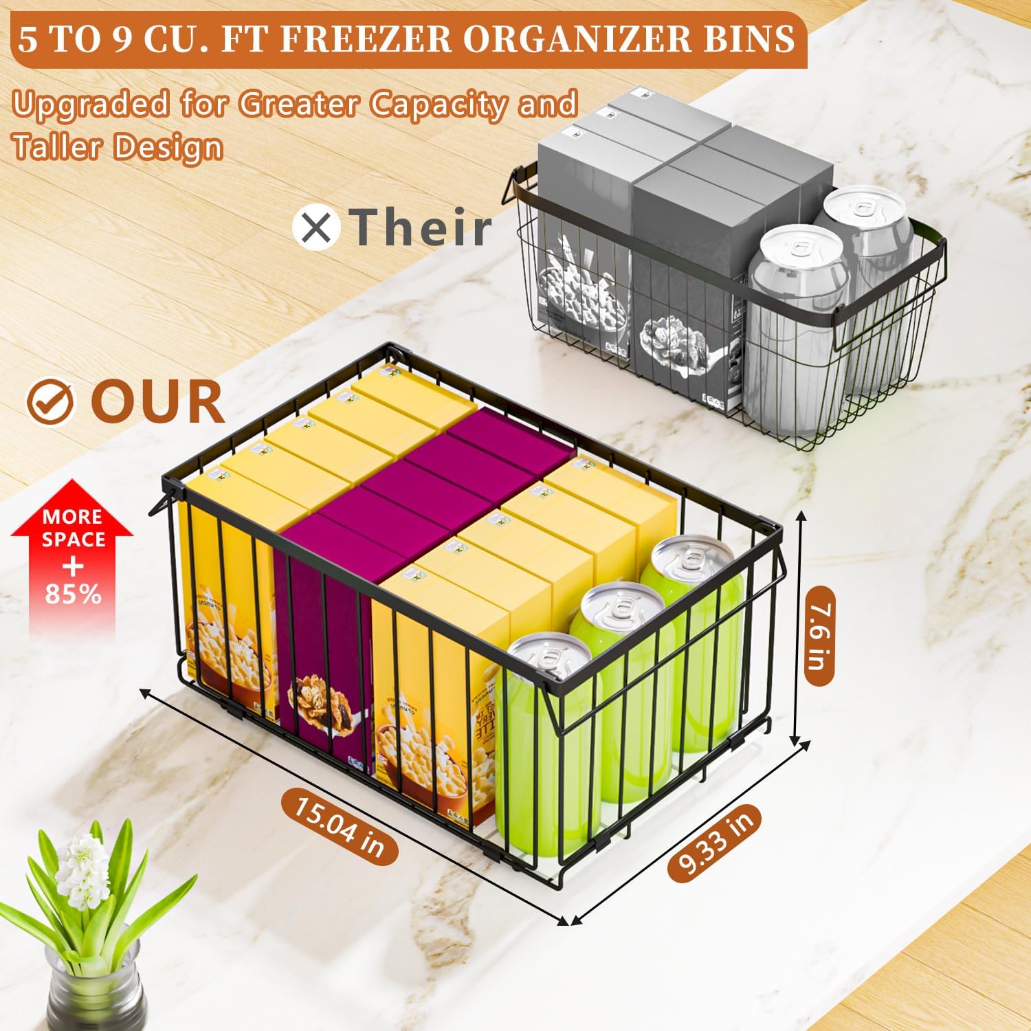 Large Freezer Organizer Bins, Upgrade One-Touch Open/Close, 4 Pack Big Stackable Deep Freezer Organizer Bins, Black Wire Foldable Baskets with Handles, for 5 to 9 Cu.FT Deep Freezer Sort Frozen Meats