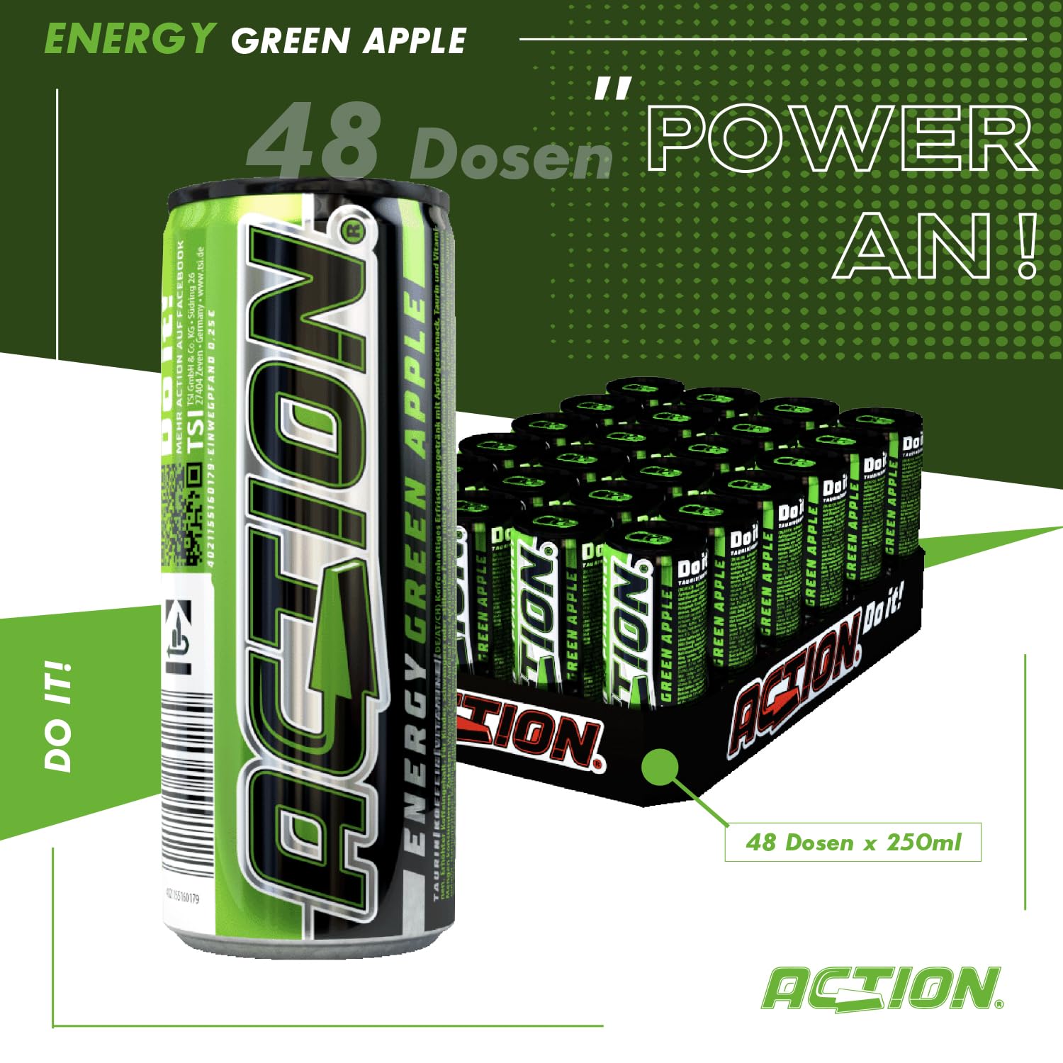 Action Energy Drink Green Apple (48 x 250 ml) incluye depósito – Refresco con sabor a manzana verde – patata energética con mayor contenido de cafeína 31,5 mg/100 ml de cafeína enfoque mejorado