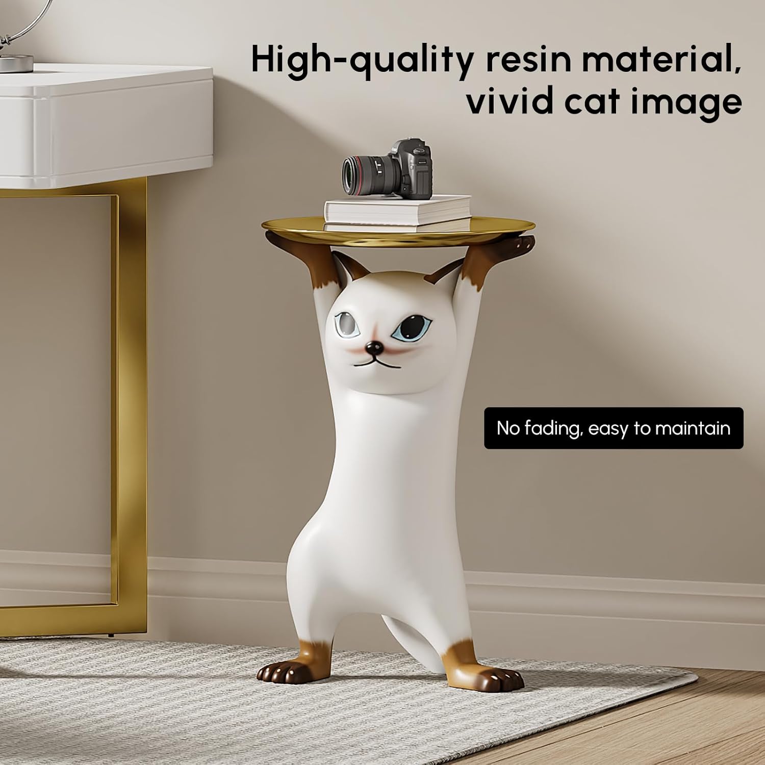 homary Whimsical Cat Statue, Animal Side Table with Gold Tray, Resin Figurine Accent Table for Living Room, Bedroom, or Entryway