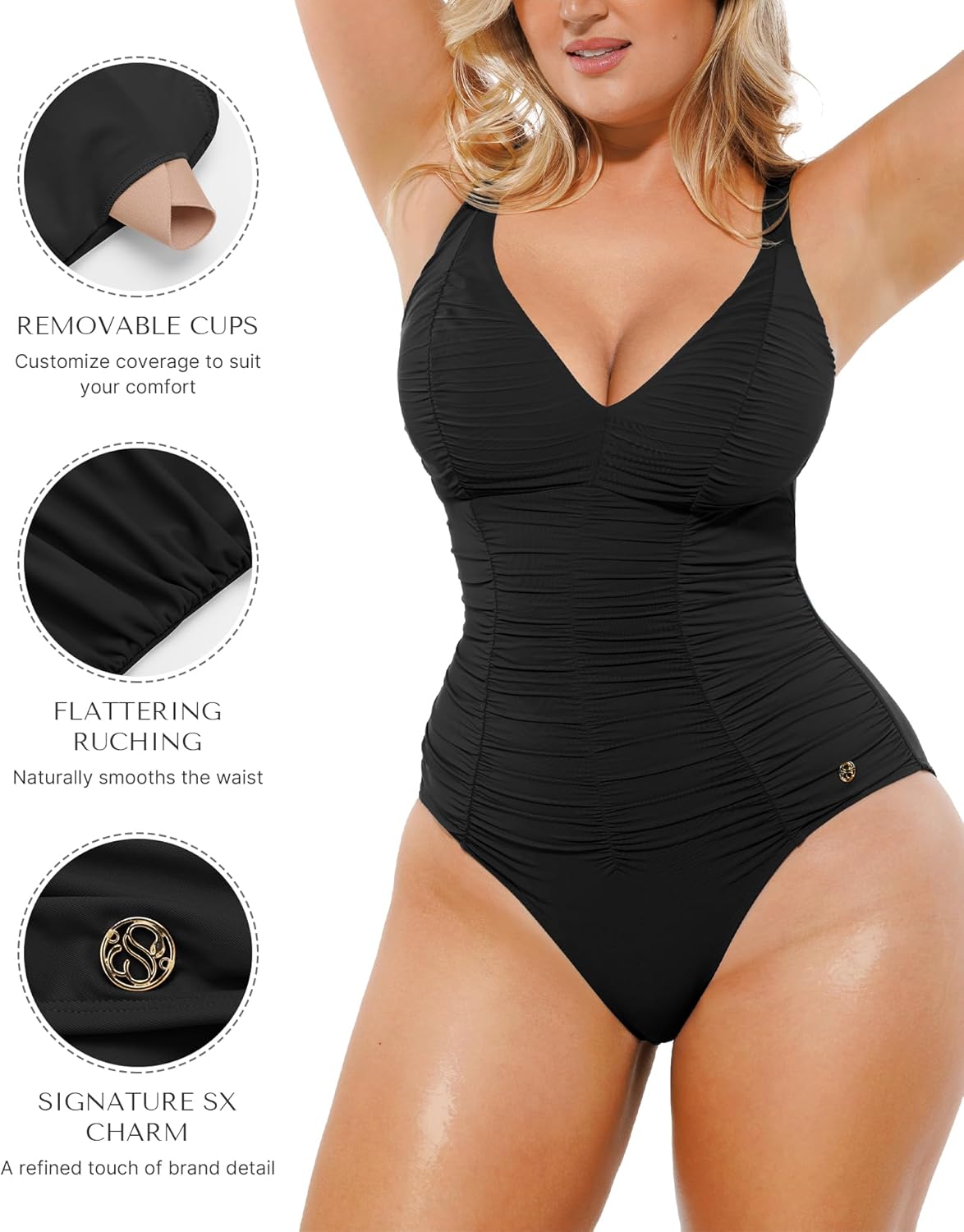 Shapellx Womens One Piece Swimsuit Tummy Control Ruched Slimming Swimwear Bathing Suit with Adjustable Lace-Up Back - Image 2