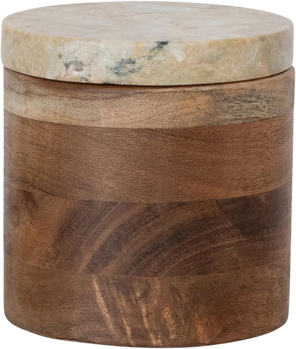 Creative Co-Op Mélange Acacia Wood Container with Marble Lid, Natural and Yellow