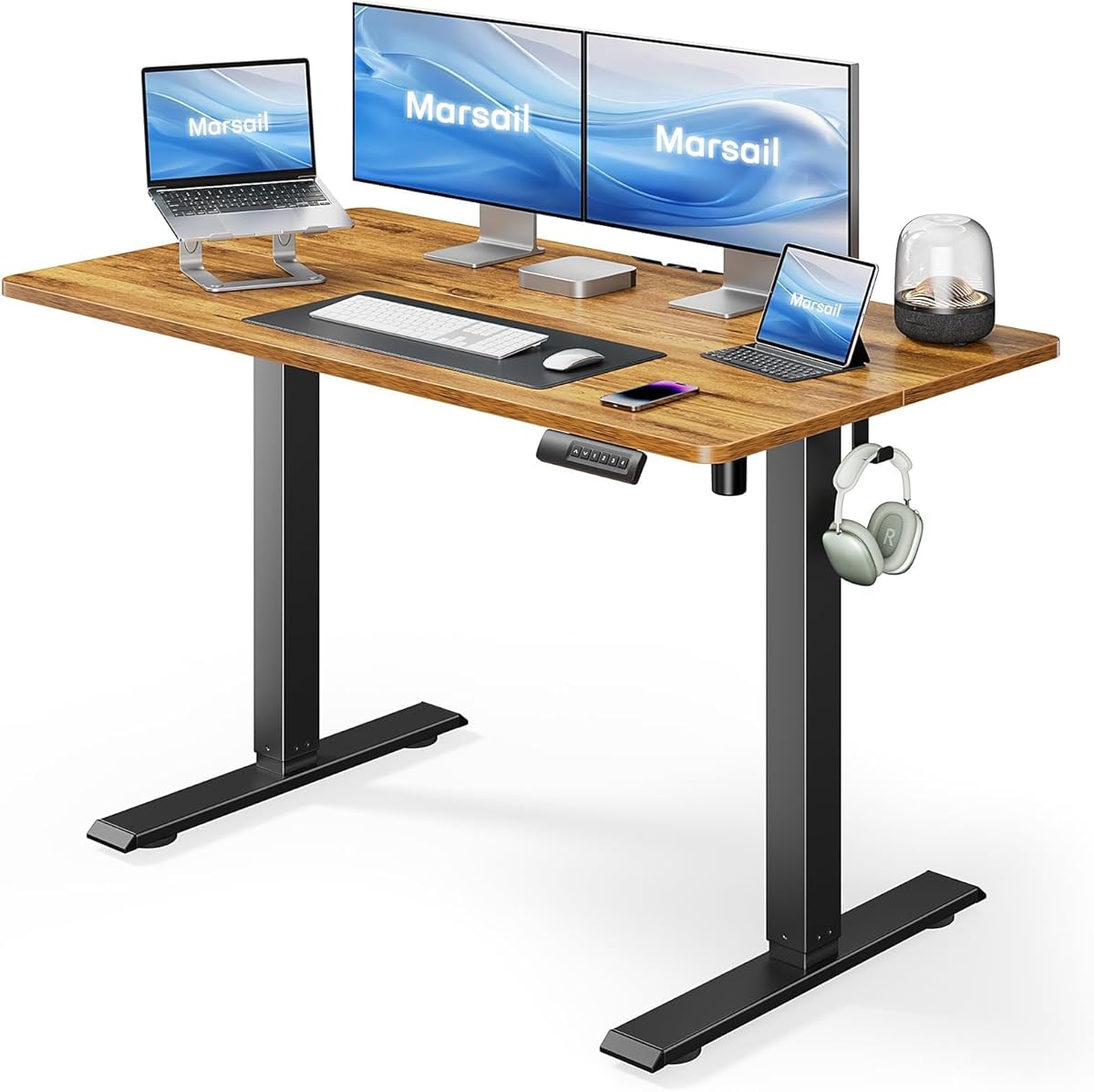 Marsail 48x24 Electric Standing Desk - Adjustable Height Computer Desk with Memory Presets, Storage Bag & Cable Management for Home Office & Gaming Workstations