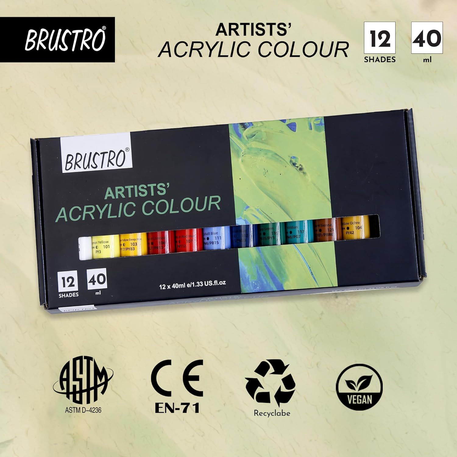 BRUSTRO Artists Acrylic Colour Paint - Set of 12, 40ml Color Tubes | Vibrant Shades,Soft Bodied,Water-based,Non-toxic,Inter-mixable,Ideal for Paper,Canvas,Cardboard, Fine Art Students,Professionals