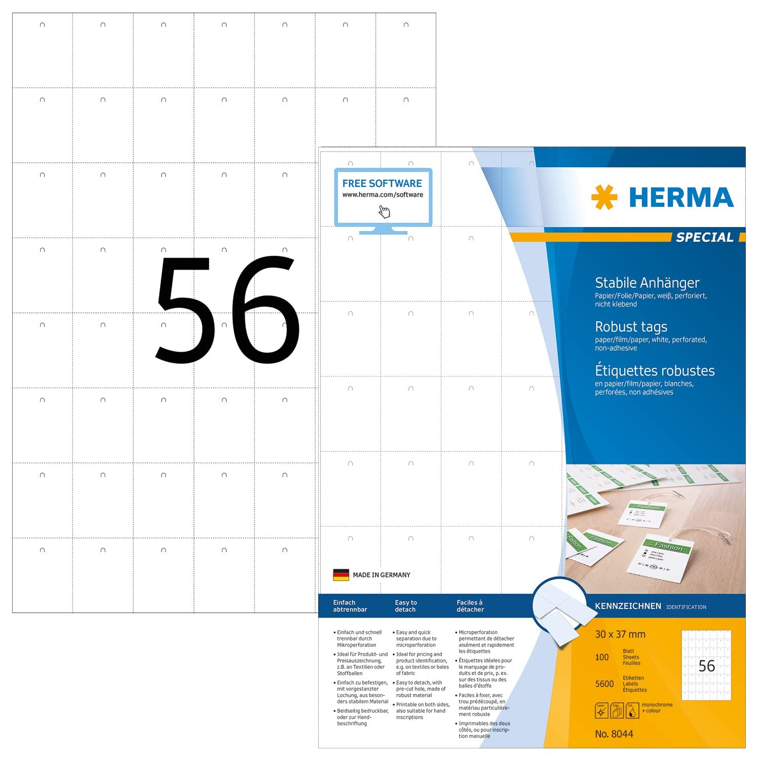 HERMA Printable Tags, 56 Pieces Labels per A4 Sheet, 100 Sheets, 30 x 37 mm, 5600 Pieces, Blank Rectangle Price Tags, Perforated Jewellery Hang Tags for Laser & Inkjet Printer, White