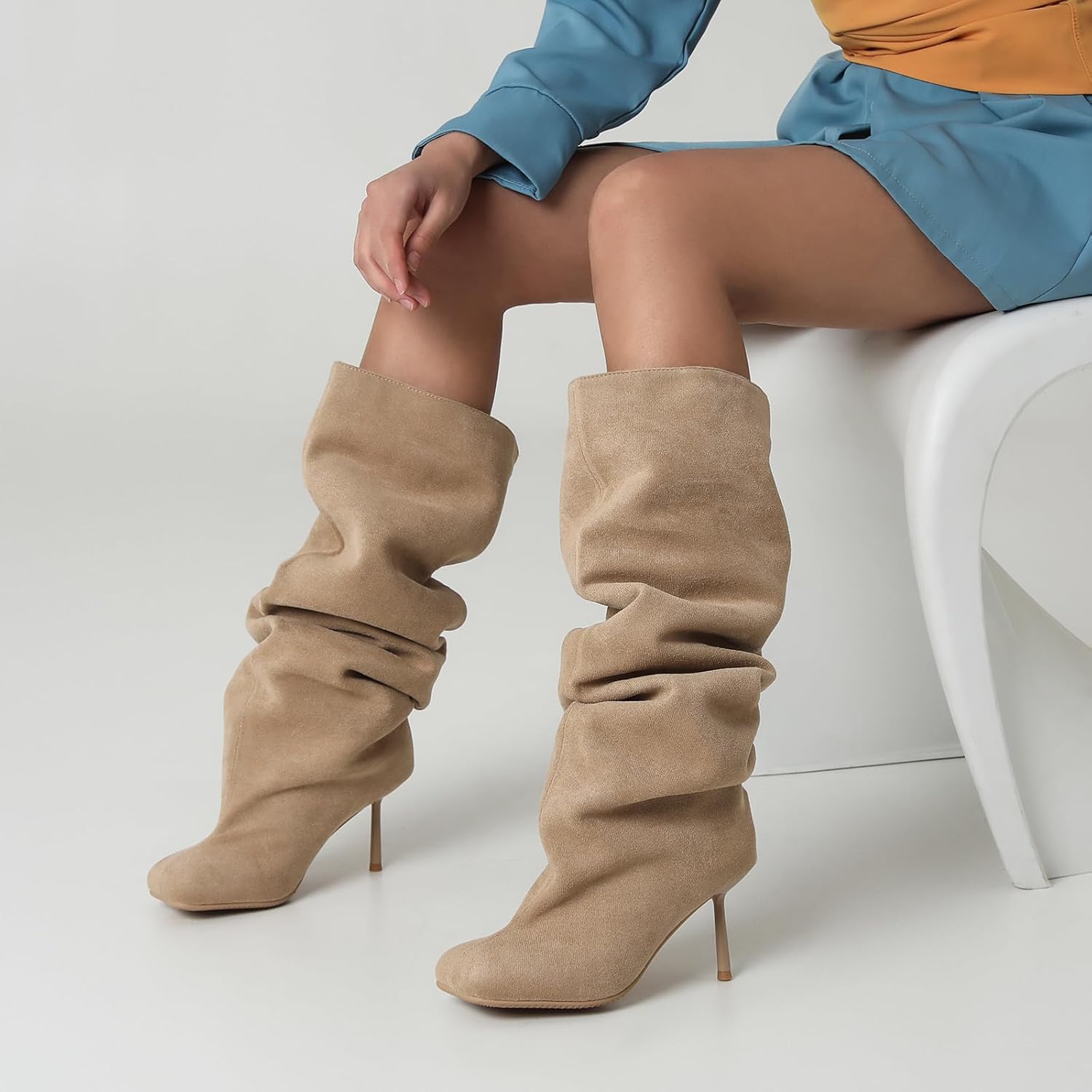 Saint Leia Women's Knee High Boots Square Toe Stiletto Heel Pull on Fashion Elegant Suede Slouchy Boots