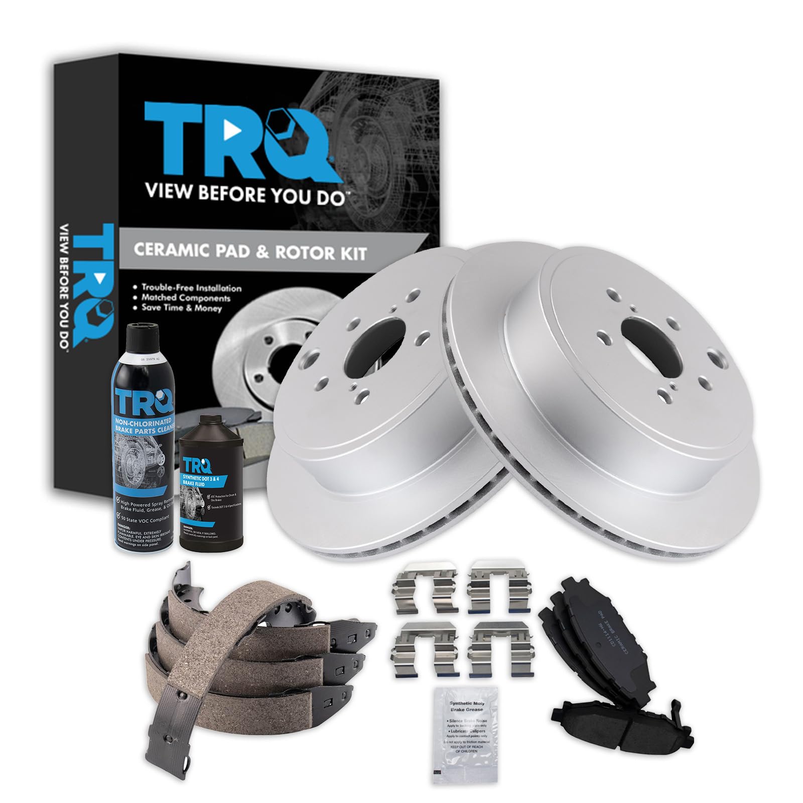 TRQ Rear Brake Pad &amp; Rotor Kit, with Chemical Kit Parking Brake Shoe Set Ceramic Premium G-Coated Compatible with 2013-2014 Subaru Legacy