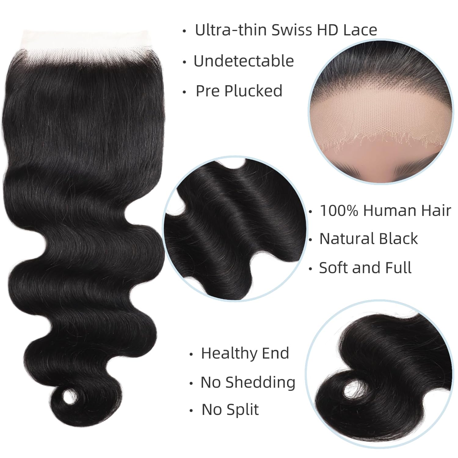 5x5 SKINLIKE 100% Real HD Lace Closure Human Hair Body Wave Closure 0.095mm Ultra-thin Invisible Swiss HD Lace Closure Pre Plucked Small Single Knots Brazilian Virgin Human Hair HD Closure 10inch
