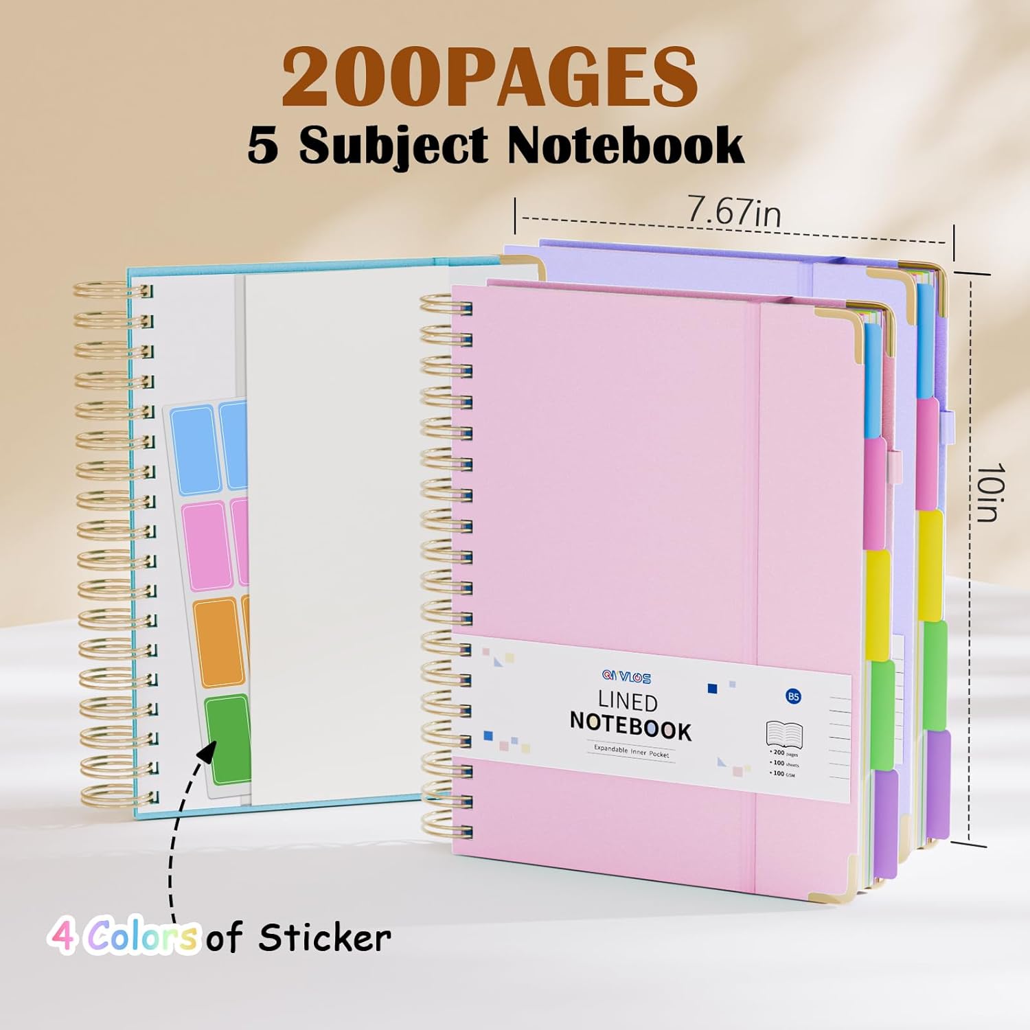 3 Packs Hardcover Spiral Notebook, B5 Journal with Removable Dividers Tabs, 5 Subject Notebook College Ruled, 200 Pages 8"x10" Leather Notebooks for Work School Study, Lined Journal for Women(Pink/Purple/Cyan)