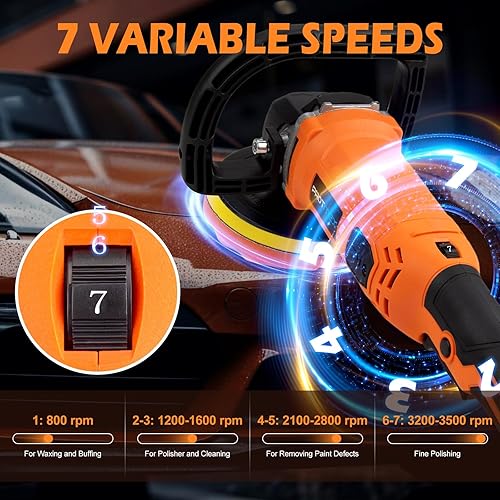 Miniatura 4 de Pulidora de búfer, 1600 W, 7 pulgadas6 pulgadas, cera pulidora rotativa, 8 velocidades variables 500-3500 RPM, kit de pulidores y pulidores de